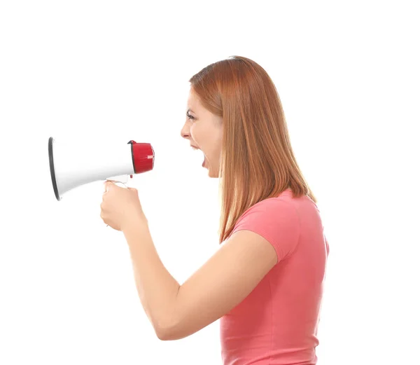 Angry woman using megaphone against white background — Stock Photo, Image