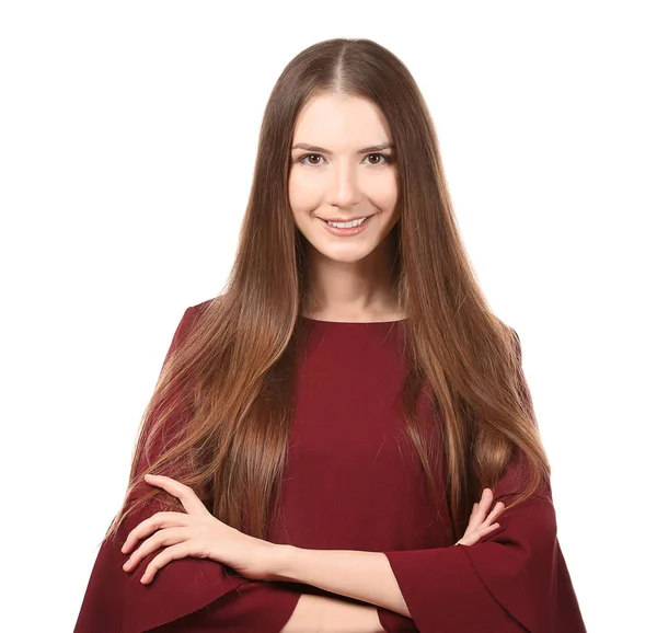 Retrato de una hermosa mujer sonriente sobre fondo blanco — Foto de Stock