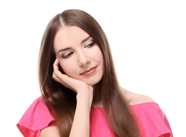 Retrato de hermosa mujer emocional sobre fondo blanco —  Fotos de Stock