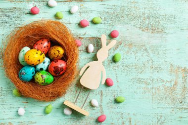 Paskalya yumurta yuva ve dekoratif tavşan şekil renk arka plan üzerinde