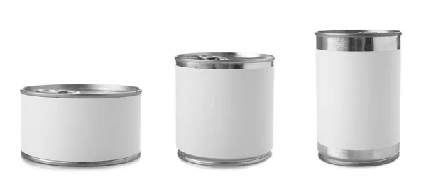 Conjunto de diferentes latas em branco no fundo branco — Fotografia de Stock