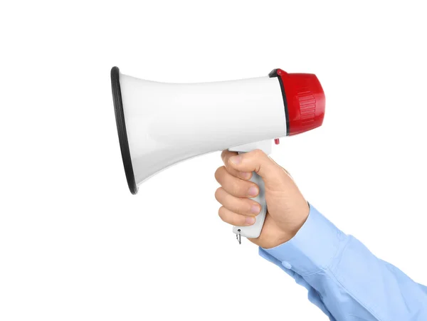 Man Holding Megaphone White Background — Stock Photo, Image