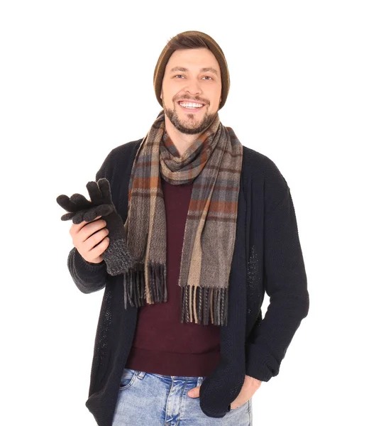 Young man in warm clothing on white background. Ready for winter vacation — Stock Photo, Image