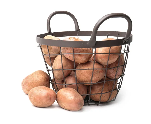 Basket with fresh raw potatoes on white background — Stock Photo, Image