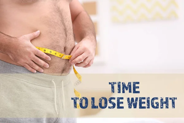 Motivation Quote Time Lose Weight Overweight Man Measuring Waist Blurred — Stock Photo, Image