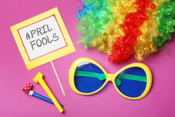 Big Glasses Party Horns Rainbow Wig Color Background April Fools — Stock Photo, Image