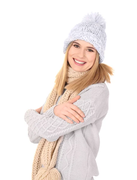 Young woman in warm clothing on white background. Ready for winter vacation — Stock Photo, Image