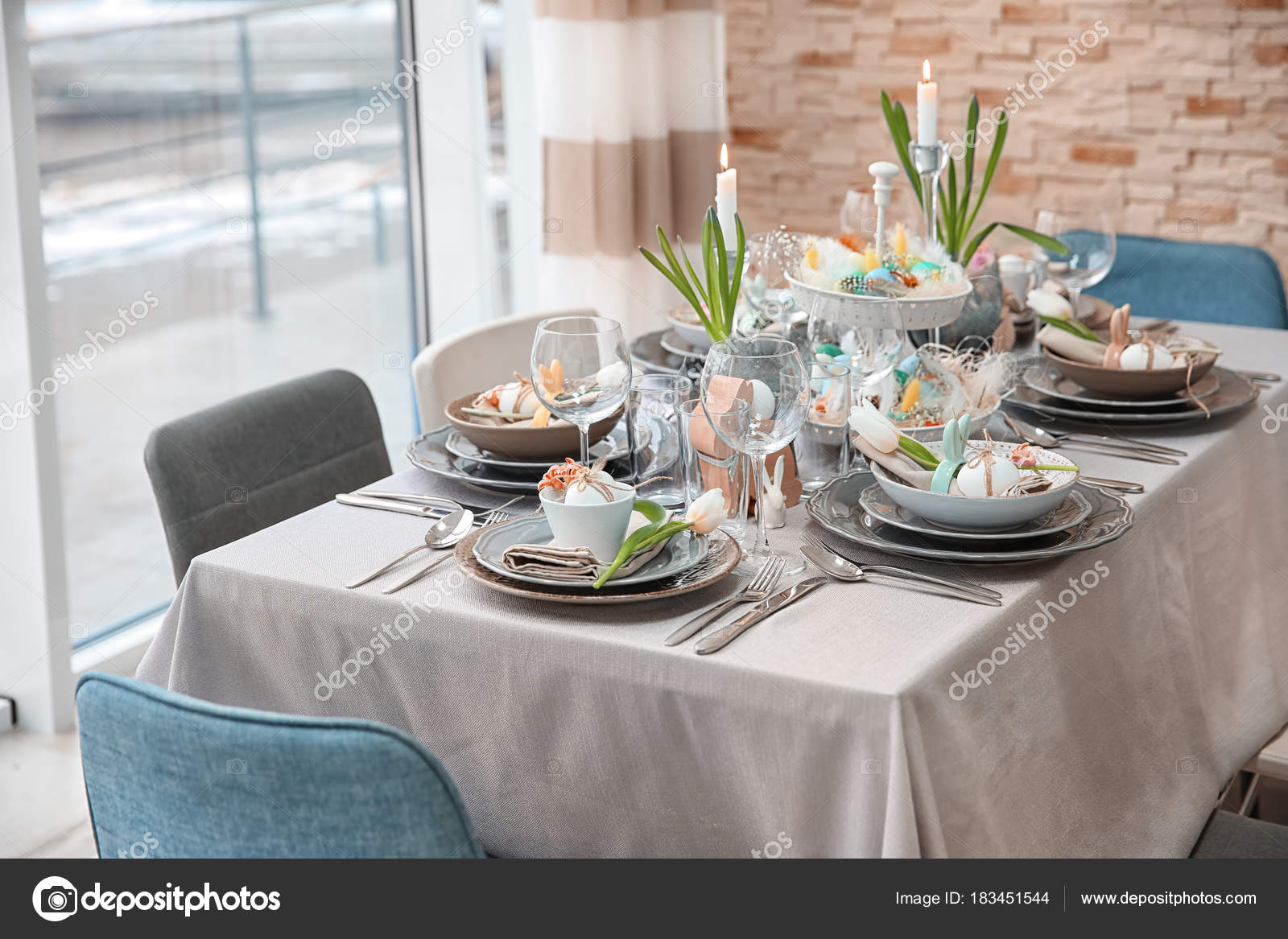 Beautiful Easter Table Setting Decorations Stock Photo
