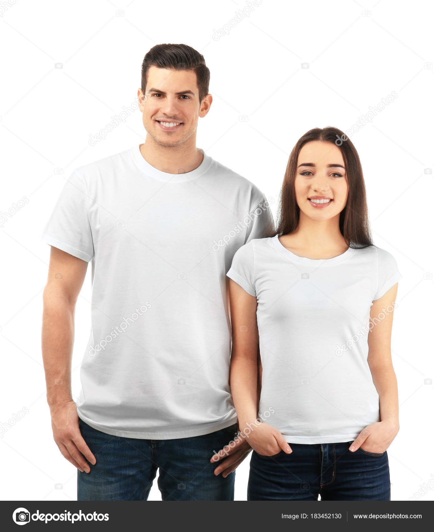 Download Young man and woman in stylish t-shirts on white ...