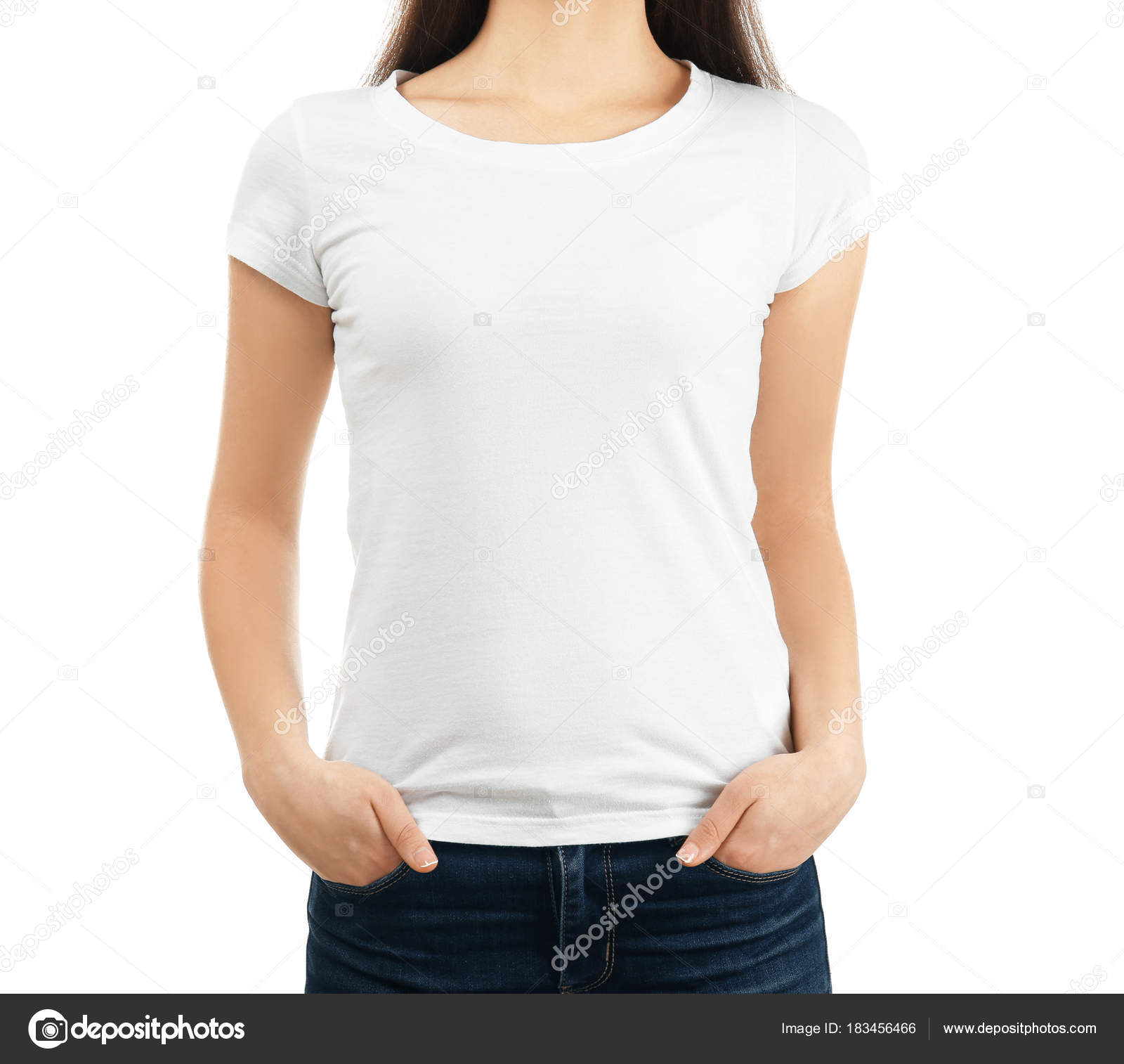 Young woman in stylish t-shirt on white background. Mockup for design ...