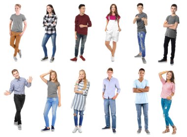 Beyaz arka plan üzerinde şık gençlerle kolaj