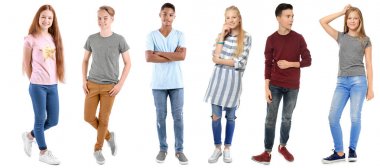 Beyaz arka plan üzerinde şık gençlerle kolaj