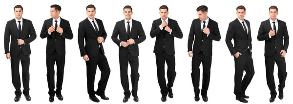 Collage con joven hombre guapo en traje elegante posando sobre fondo blanco —  Fotos de Stock