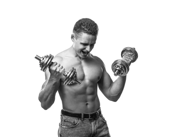 Muskulöser junger Bodybuilder mit Kurzhanteln auf weißem Hintergrund, getönter Effekt — Stockfoto