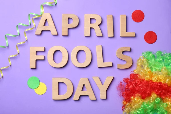 Phrase April Fools Day Rainbow Wig Color Background — Stock Photo, Image