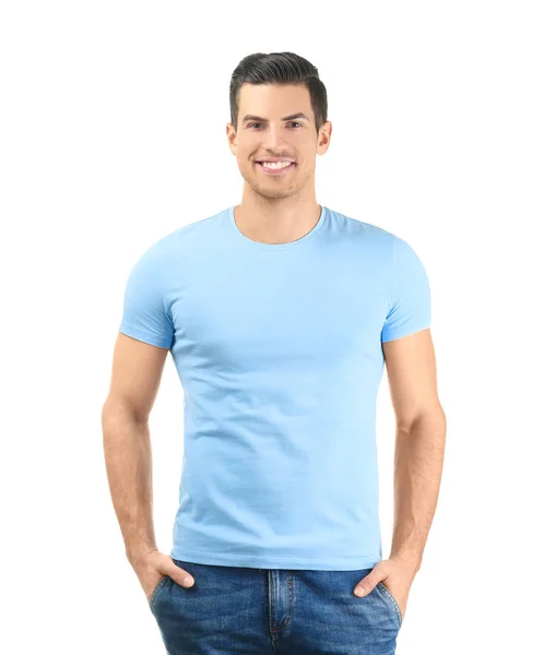 Ung man i snygg t-shirt på vit bakgrund. Mockup för design — Stockfoto