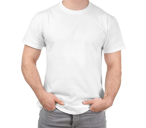 Junger Mann in stylischem T-Shirt auf weißem Hintergrund. Design-Attrappe — Stockfoto