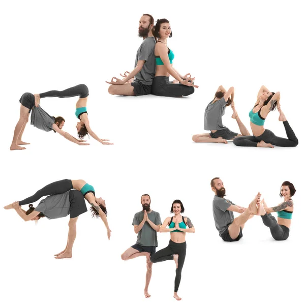 Conjunto de parejas jóvenes practicando acro yoga sobre fondo blanco —  Fotos de Stock
