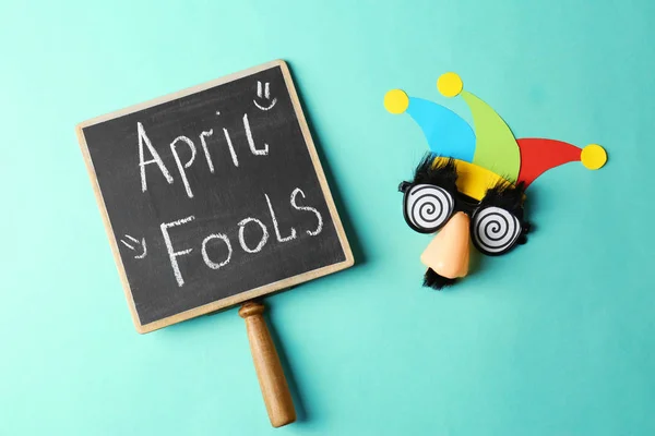 Chalkboard Phrase Fools Day Funny Glasses Color Background 1St April — Stock Photo, Image