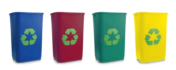 Recycling concept. Colorful bins for different garbage on white background — Stock Photo, Image