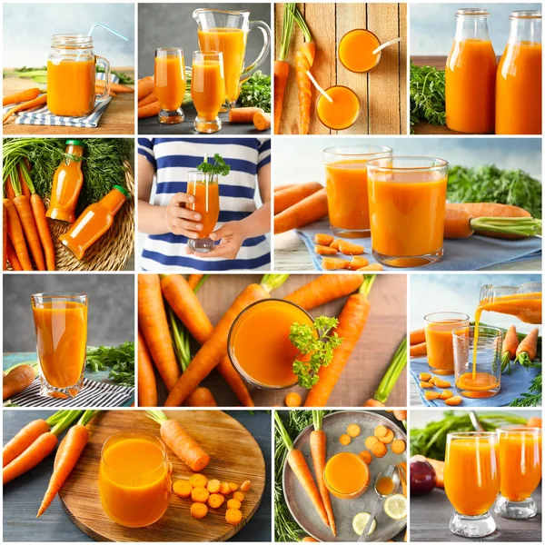 Collage with fresh carrot juice in different glassware