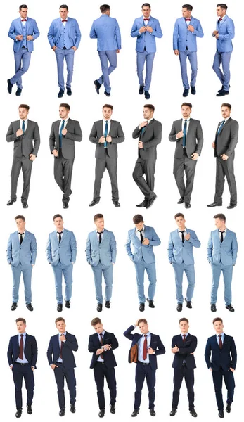 Collage con giovani uomini belli in abiti eleganti diversi in posa su sfondo bianco — Foto Stock