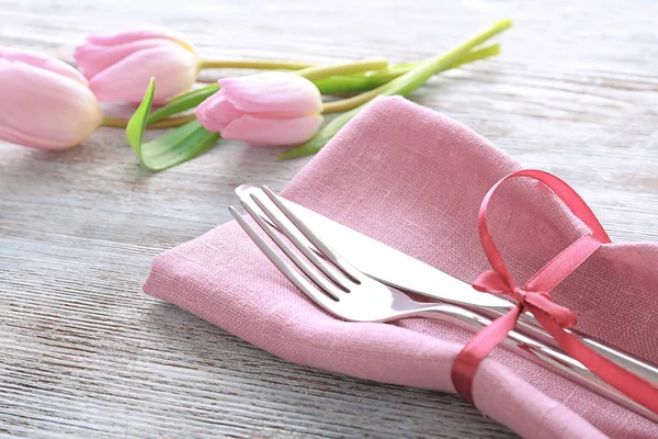 Beautifully Decorated Cutlery Easter Table Setting Wooden Background — Stock Photo, Image