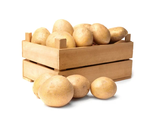 Wooden container with fresh raw potatoes on white background — Stock Photo, Image