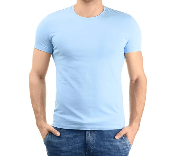 Νεαρός άνδρας σε κομψό μπλουζάκι σε άσπρο φόντο. Κοροϊδεύω για σχεδίαση — Φωτογραφία Αρχείου