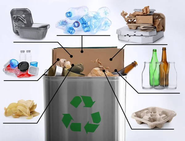 Återvinning koncept. Bin för olika sopor på vit bakgrund — Stockfoto