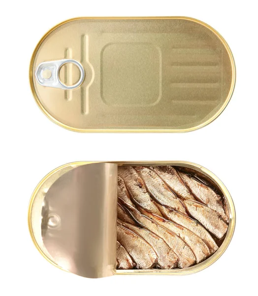白い背景上に魚とクローズドとオープンのブリキ缶 — ストック写真