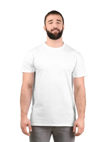 Ung man i snygg t-shirt på vit bakgrund. Mockup för design — Stockfoto