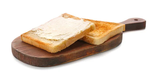 Wooden board with toasted bread on white background — Stock Photo, Image