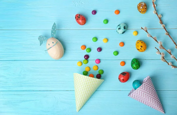 Decorative Egg Bunny Ears Colorful Candies Wooden Background Easter Composition — Stock Photo, Image
