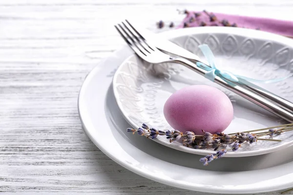 Beautiful Festive Easter Table Setting Lavender Closeup — Stock Photo, Image