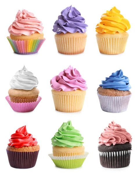 Set of tasty colorful cupcakes on white background — Stock Photo, Image