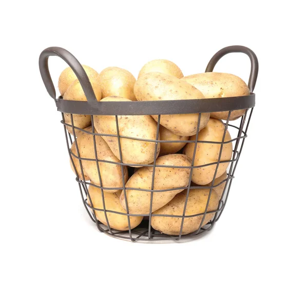 Basket with fresh raw potatoes on white background — Stock Photo, Image