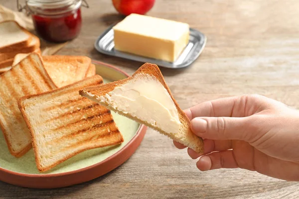 Woman Holding Tasty Toasted Bread Butter Closeup — Stock Photo, Image