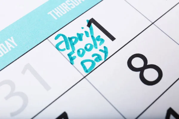 Calendar with date reminder, closeup. April fool's day celebration — Stock Photo, Image