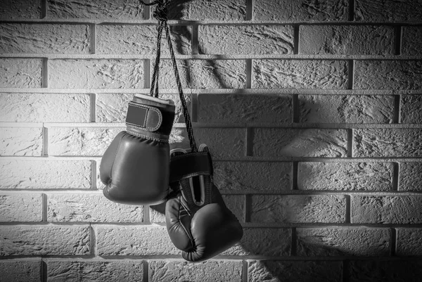 Pair Boxing Gloves Hanging Brick Wall — Stock Photo, Image