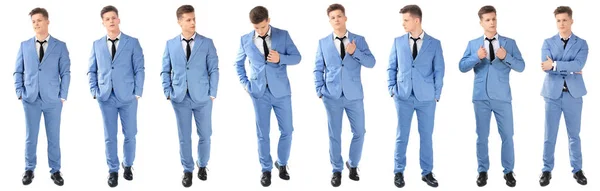 Collage con joven hombre guapo en traje elegante posando sobre fondo blanco — Foto de Stock