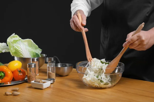 Male Chef Preparing Salad Table Closeup — Stock Photo, Image