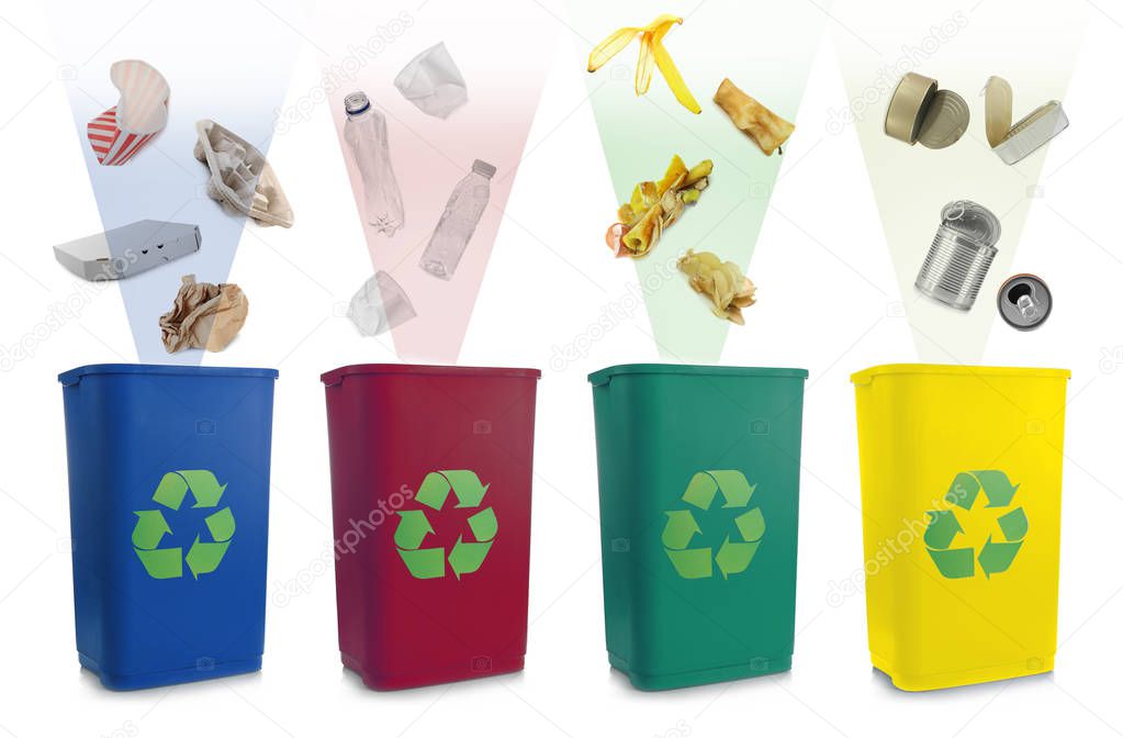 Recycling concept. Colorful bins for different garbage on white background