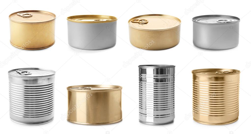 Set of different blank cans on white background