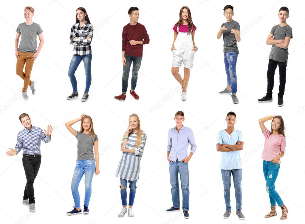 Collage with stylish teenagers on white background