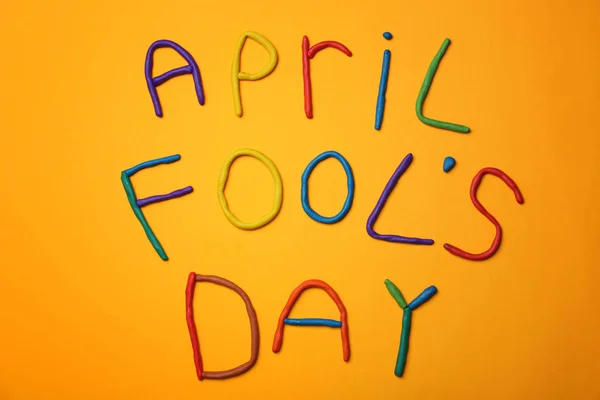 Phrase April Fools Day Made Plasticine Color Background — Stock Photo, Image