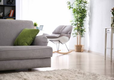 Oturma odası iç gri kanepe ve yumuşak yastık ile