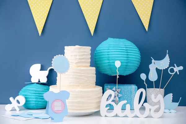 Lekkere Taart Decoraties Bedankkaart Voor Baby Douche Partij Tafel Buurt — Stockfoto