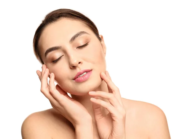 Portrait of beautiful young woman with clear skin on white background — Stock Photo, Image