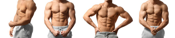 Коллаж с мускулистым молодым культуристом на белом фоне
